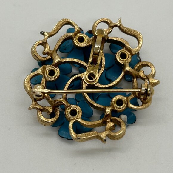 Vintage Floral Brooch Lot Blue Flower Pearl  3D Enamel Pin Rhinestones Retro - Picture 5 of 11